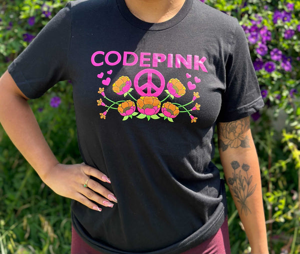 CODEPINK Black Floral Peace T-shirt